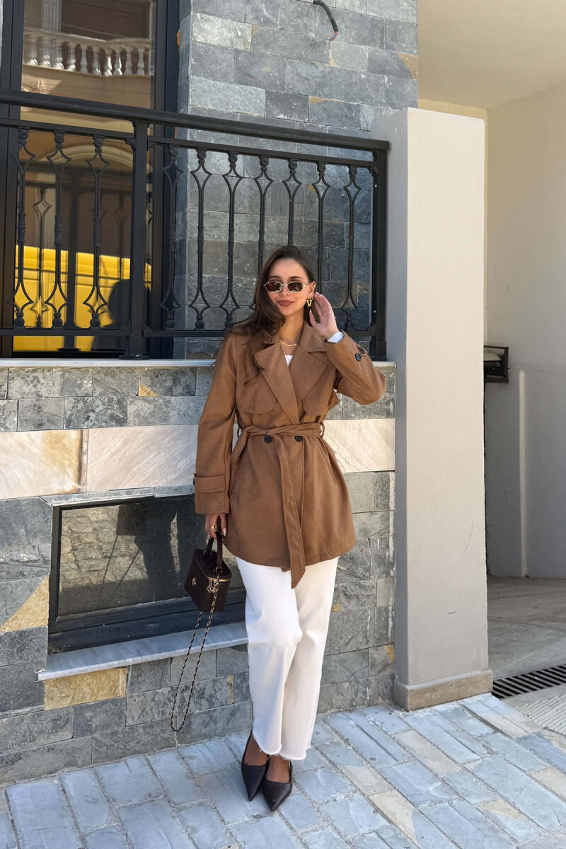 ONE COLOR SUEDE WOMAN TRENCH COAT LIGHT BROWN/KAZB - 4