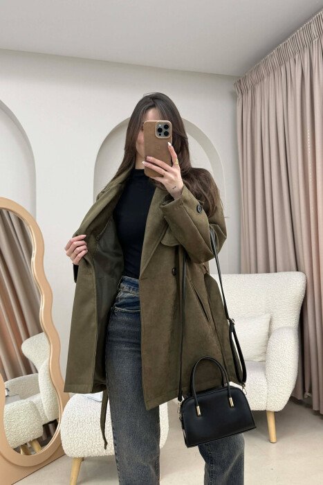 ONE COLOR SUEDE WOMAN TRENCH COAT OLIVE/ULLI - 4