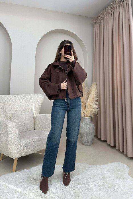 ONE COLOR SUEDE ZIPPER WOMEN JACKET BROWN/KAFE - 1