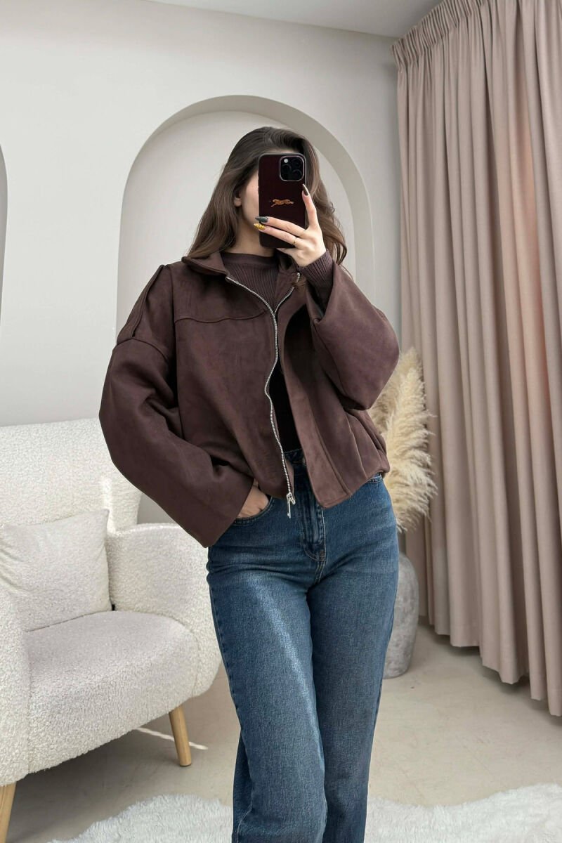 ONE COLOR SUEDE ZIPPER WOMEN JACKET BROWN/KAFE - 2