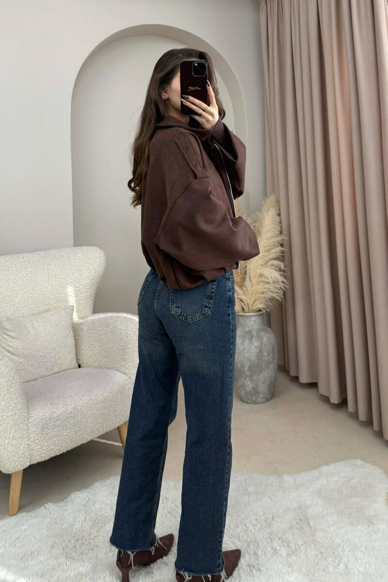 ONE COLOR SUEDE ZIPPER WOMEN JACKET BROWN/KAFE - 3