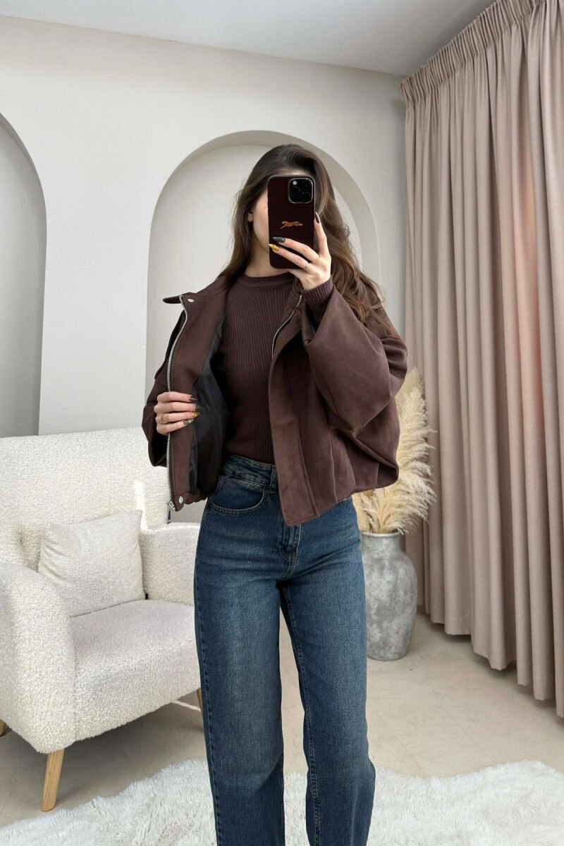 ONE COLOR SUEDE ZIPPER WOMEN JACKET BROWN/KAFE - 4