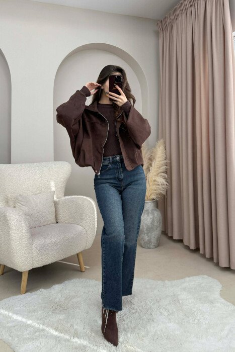 ONE COLOR SUEDE ZIPPER WOMEN JACKET BROWN/KAFE - 5