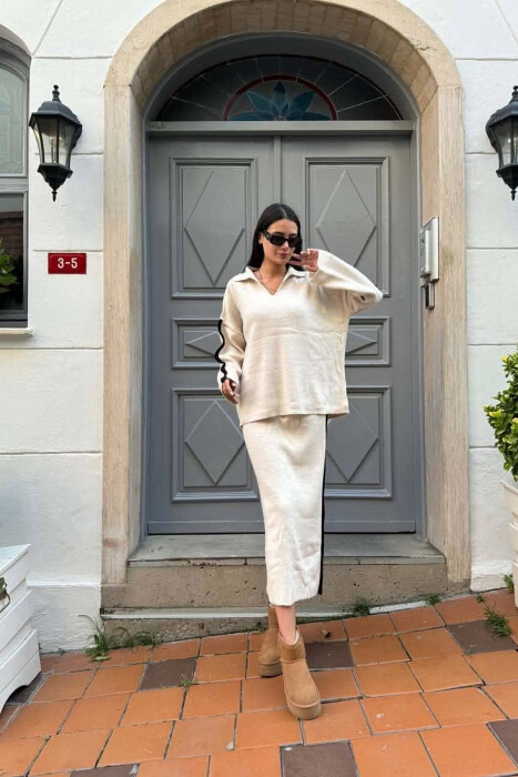 ONE COLOR SWEATER + ZIPPER DETAIL SKIRT WOMAN SET BEIGE/BEZHE - 