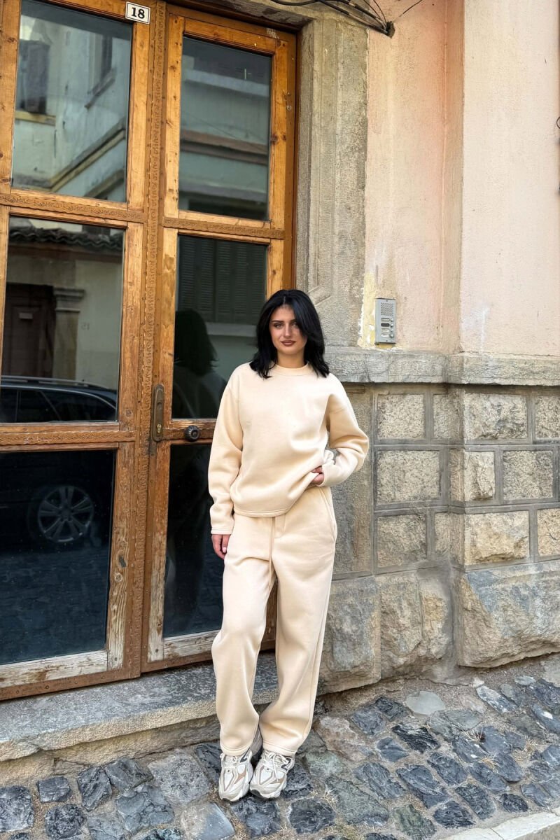 ONE COLOR SWEATSHIRT + SWEATPANTS FLUFFY WOMAN SET BEIGE/BEZHE - 1