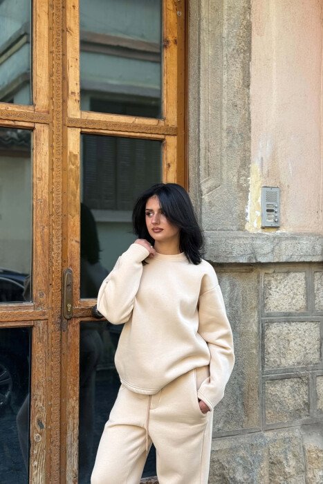 ONE COLOR SWEATSHIRT + SWEATPANTS FLUFFY WOMAN SET BEIGE/BEZHE - 3