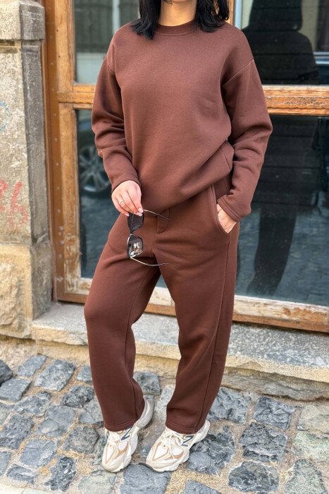 ONE COLOR SWEATSHIRT + SWEATPANTS FLUFFY WOMAN SET BROWN/KAFE - 2