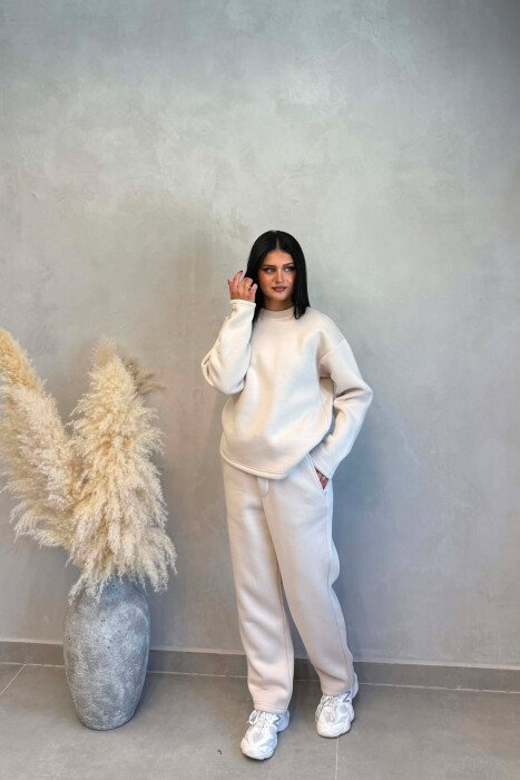 ONE COLOR SWEATSHIRT + SWEATPANTS WOMAN SET CREAM/KREM - KLAUDIO FASHION
