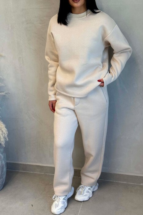 ONE COLOR SWEATSHIRT + SWEATPANTS WOMAN SET CREAM/KREM - 2