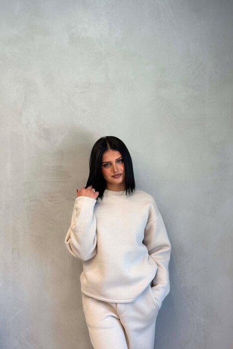 ONE COLOR SWEATSHIRT + SWEATPANTS WOMAN SET CREAM/KREM - 3