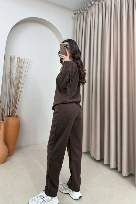 ONE COLOR SWEATSHIRT+ TROUSERS WOMEN SET DARK BROWN/KAE - 3