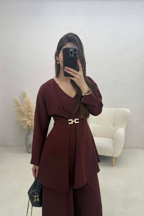 ONE COLOR SHIRT + WIDE LEG TROUSERS WOMAN SET BURGUNDY/VISHNJE - 3