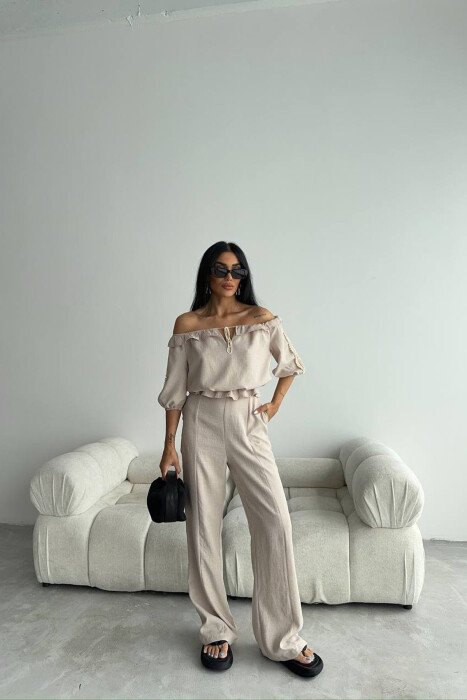 ONE COLOR SWEATSHIRT+TROUSERS WOMEN SET CREAM/KREM - KLAUDIO FASHION