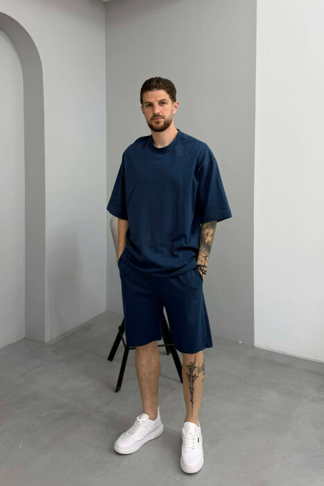 ONE COLOR T-SHIRT + SHORTS MEN SET DARK BLUE/BEE - KLAUDIO FASHION