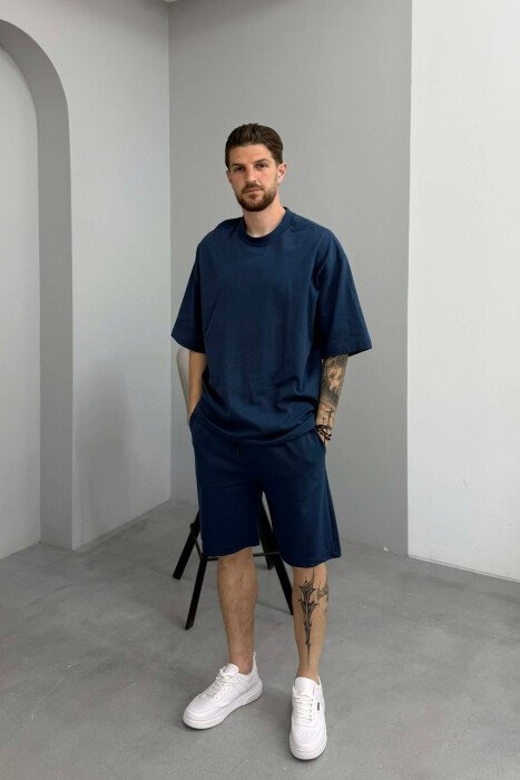 ONE COLOR T-SHIRT + SHORTS MEN SET DARK BLUE/BEE - 1