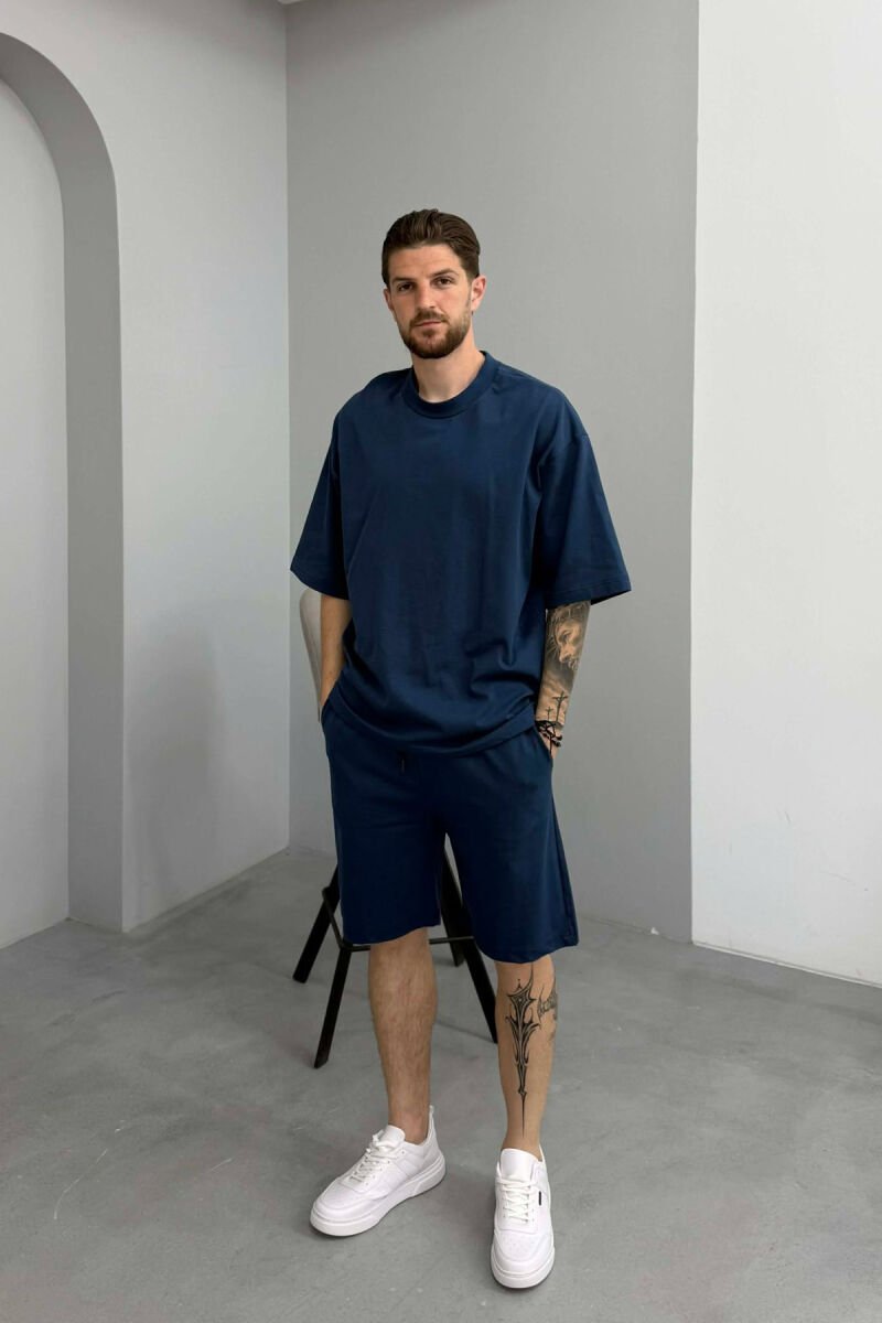 ONE COLOR T-SHIRT + SHORTS MEN SET DARK BLUE/BEE - 1