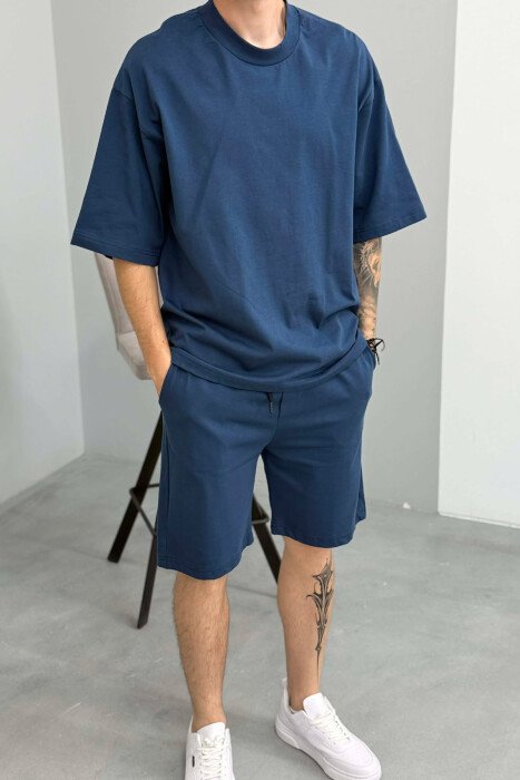 ONE COLOR T-SHIRT + SHORTS MEN SET DARK BLUE/BEE - 2