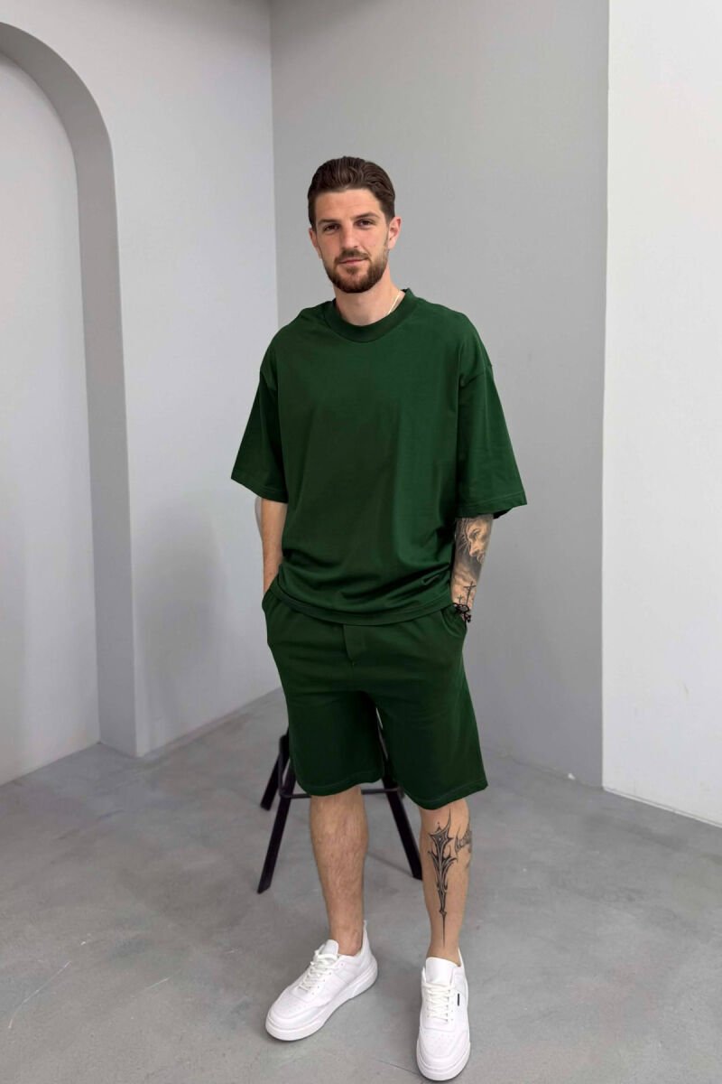 ONE COLOR T-SHIRT + SHORTS MEN SET DARK GREEN/JEE - 1