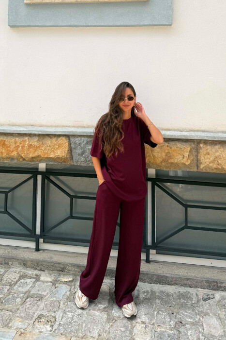 ONE COLOR T-SHIRT + SWEATPANTS WOMEN SET BURGUNDY/VISHNJE - KLAUDIO FASHION