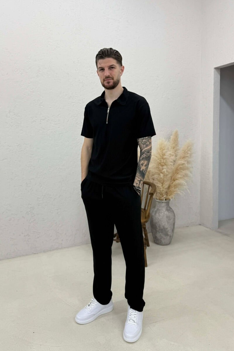 ONE COLOR T-SHIRT + TROUSERS MEN SWEATSUIT SET BLACK/ E ZEZE - 1