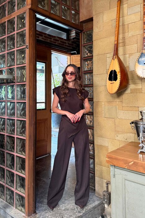 ONE COLOR TANK TOP + TROUSERS WOMAN SET BROWN/KAFE - KLAUDIO FASHION