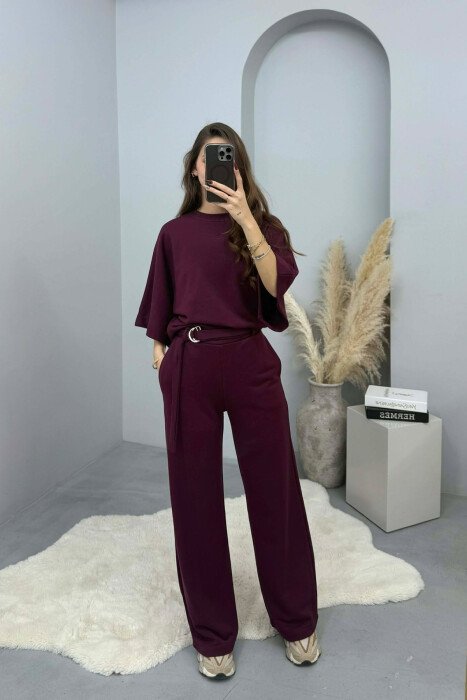 ONE COLOR T-SHIRT+SWEATPANTS WOMEN SET BURGUNDY/VISHNJE - 2