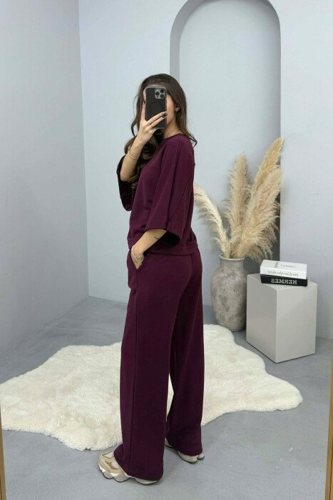 ONE COLOR T-SHIRT+SWEATPANTS WOMEN SET BURGUNDY/VISHNJE - 3