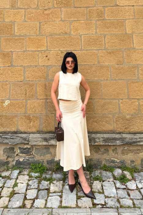 ONE COLOR TANK TOP + SKIRT WOMEN SET CREAM/KREM - 2