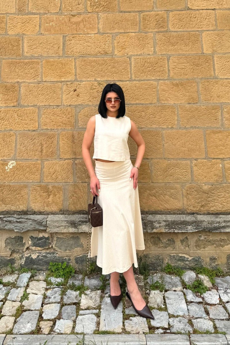 ONE COLOR TANK TOP + SKIRT WOMEN SET CREAM/KREM - 2