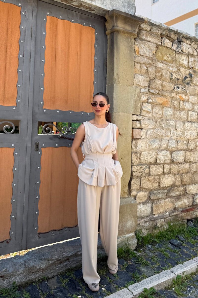 ONE COLOR TANK TOP+ TROUSERS WOMAN SET BEIGE/BEZHE - 4