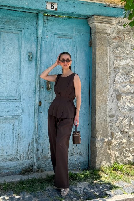 ONE COLOR TANK TOP+ TROUSERS WOMAN SET BROWN/KAFE - KLAUDIO FASHION
