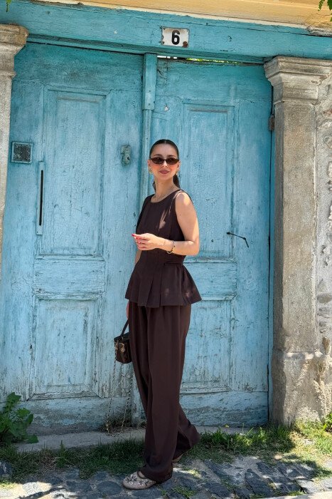 ONE COLOR TANK TOP+ TROUSERS WOMAN SET BROWN/KAFE - 5
