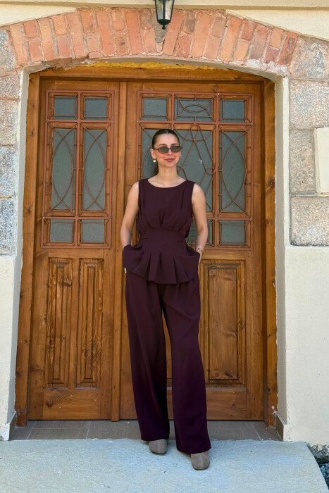 ONE COLOR TANK TOP+ TROUSERS WOMAN SET BURGUNDY/VISHNJE - 3