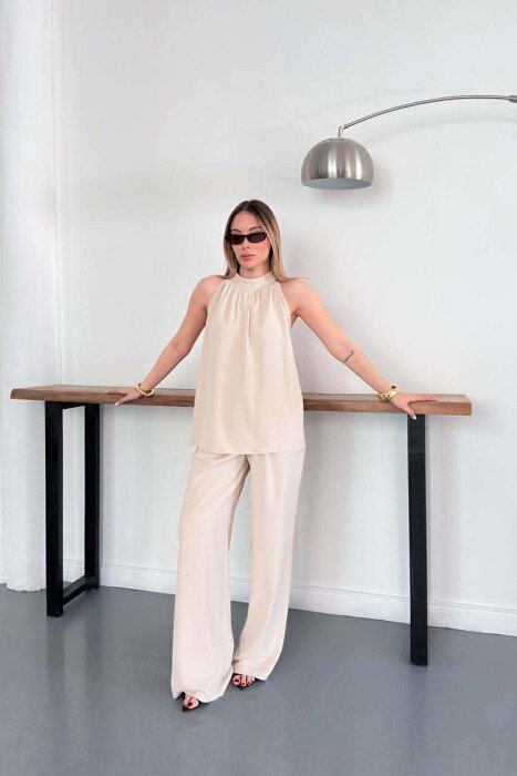 ONE COLOR TANK TOP + TROUSERS WOMAN SET CREAM/KREM - KLAUDIO FASHION