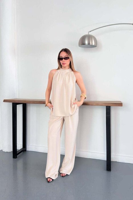 ONE COLOR TANK TOP + TROUSERS WOMAN SET CREAM/KREM - 3