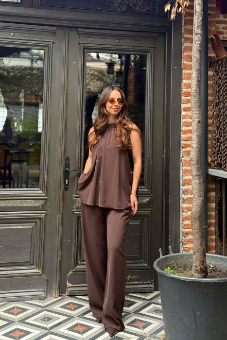 ONE COLOR TANK TOP + TROUSERS WOMAN SET DARK BROWN/KAE - KLAUDIO FASHION