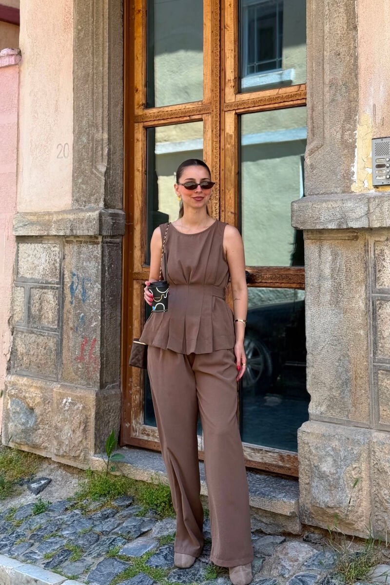 ONE COLOR TANK TOP+ TROUSERS WOMAN SET LIGHT BROWN/KAZB - 2