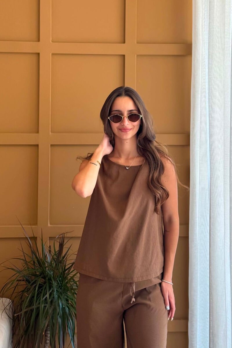 ONE COLOR TANK TOP+ TROUSERS WOMEN SET BROWN/KAFE - 3