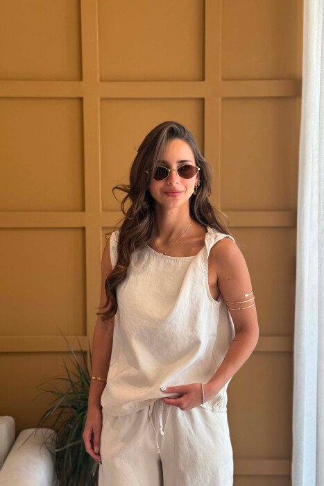 ONE COLOR TANK TOP+ TROUSERS WOMEN SET CREAM/KREM - 3