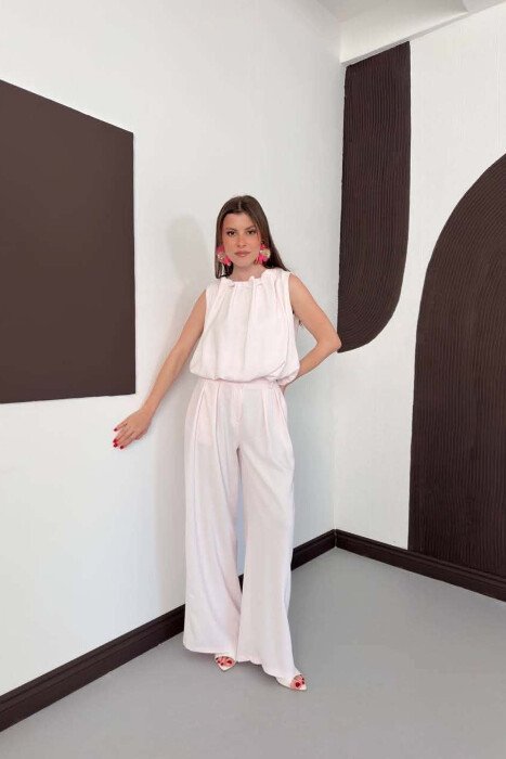 SET NJE NGJYRESH KANATJERE + PANTALLONA TE GJERA PER FEMRA NE NGJYRE ROZE TE ZBARDHUR - KLAUDIO FASHION