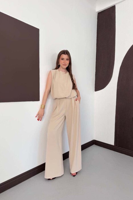 ONE COLOR TANK TOP + WIDE LEG TROUSERS WOMAN SET BEIGE/BEZHE - KLAUDIO FASHION