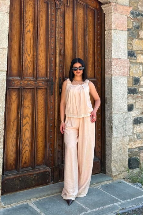 ONE COLOR TANK TOP + WIDE LEG TROUSERS WOMAN SET BEIGE/BEZHE - 1