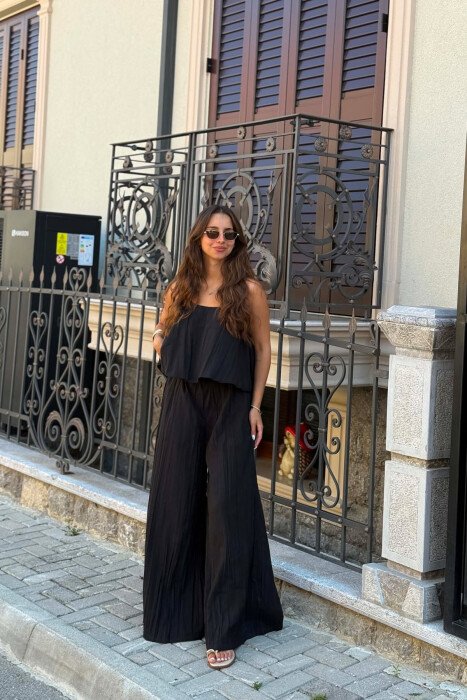 ONE COLOR TANK TOP+ WIDE LEG TROUSERS WOMAN SET BLACK/ E ZEZE - KLAUDIO FASHION