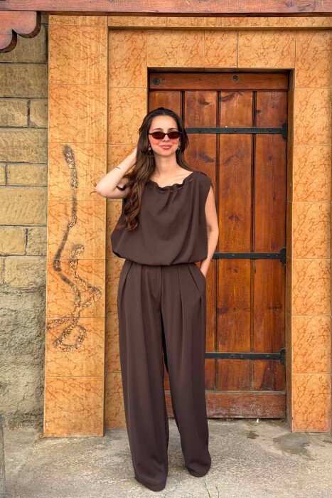 ONE COLOR TANK TOP + WIDE LEG TROUSERS WOMAN SET BROWN/KAFE - KLAUDIO FASHION