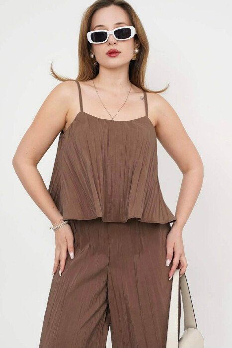 ONE COLOR TANK TOP+ WIDE LEG TROUSERS WOMAN SET BROWN/KAFE - 2