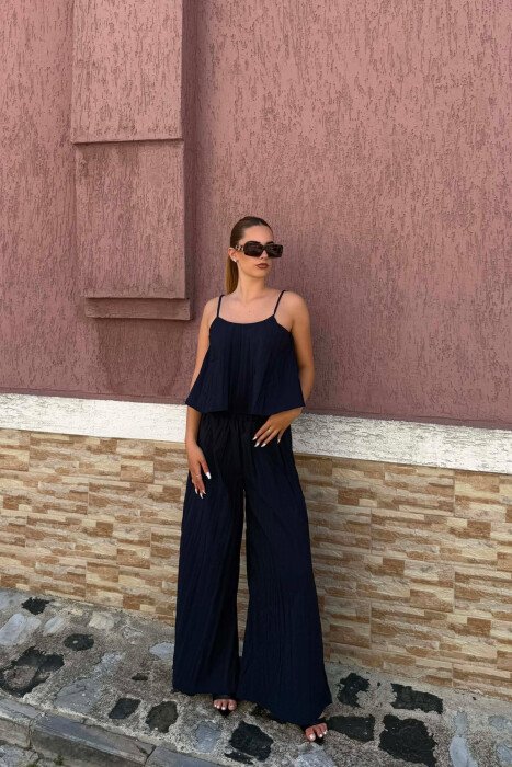 ONE COLOR TANK TOP+ WIDE LEG TROUSERS WOMAN SET DARK BLUE/BEE - KLAUDIO FASHION