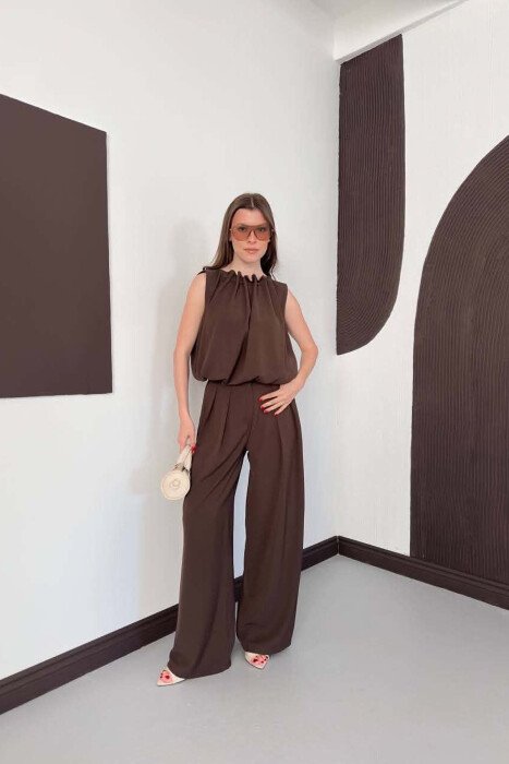 ONE COLOR TANK TOP + WIDE LEG TROUSERS WOMAN SET DARK BROWN/KAE - KLAUDIO FASHION