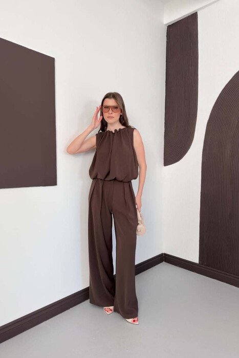 ONE COLOR TANK TOP + WIDE LEG TROUSERS WOMAN SET DARK BROWN/KAE - 3