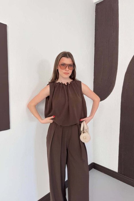 ONE COLOR TANK TOP + WIDE LEG TROUSERS WOMAN SET DARK BROWN/KAE - 4