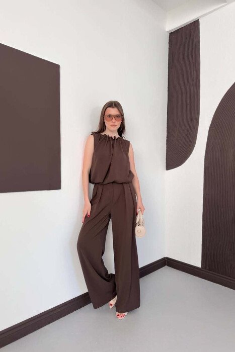 ONE COLOR TANK TOP + WIDE LEG TROUSERS WOMAN SET DARK BROWN/KAE - 6